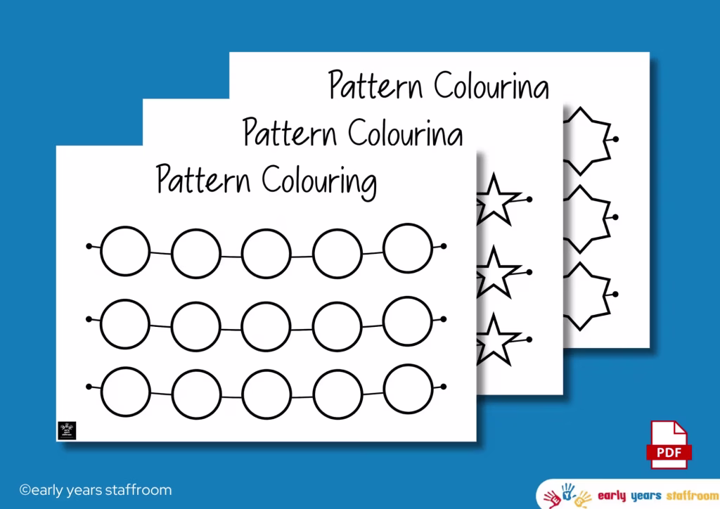 Pattern making colouring worksheets EYFS supporting early maths sequencing and fine motor skills through engaging activities
